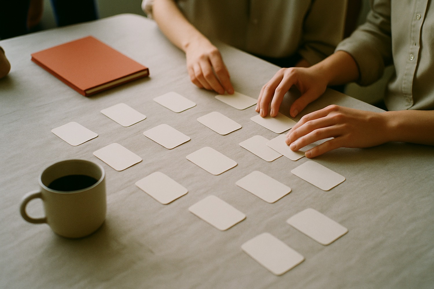Two people arranging pale paper cards in a grid on a linen-covered table beside a vermilion notebook and a mug of coffee